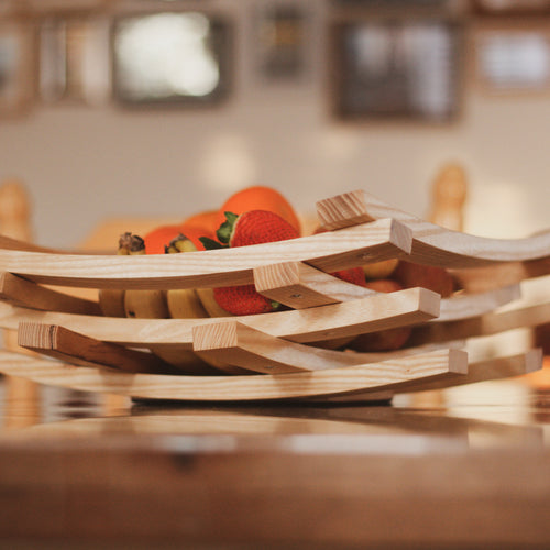 wooden geometric fruit bowl